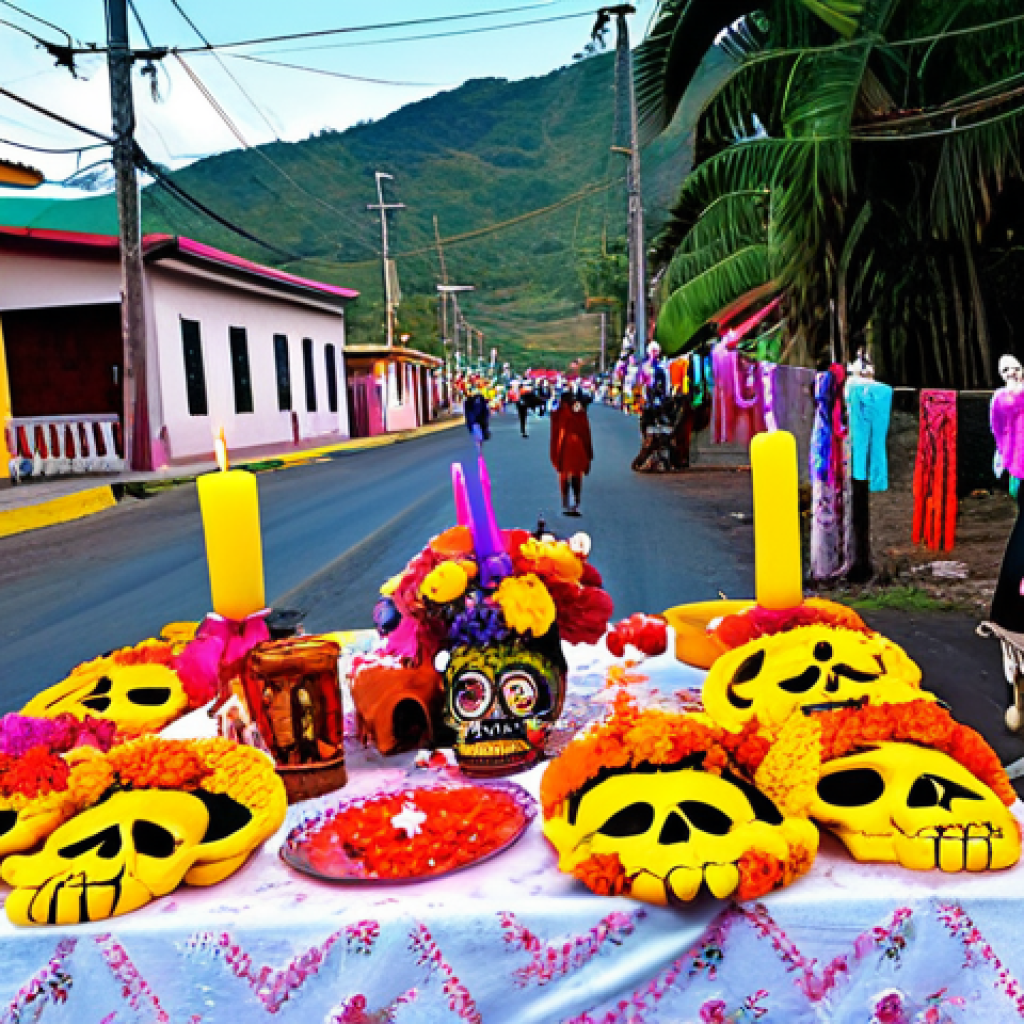 ** A vibrant street scene during the "Dia de los Muertos" (Day of the Dead) in a small village near Santa Ana, El Salvador. Show colorful graves decorated with flowers, candles, and ribbons. Families are having picnics, sharing food, and laughing together. Capture the atmosphere of joy and remembrance, not sadness.

**
