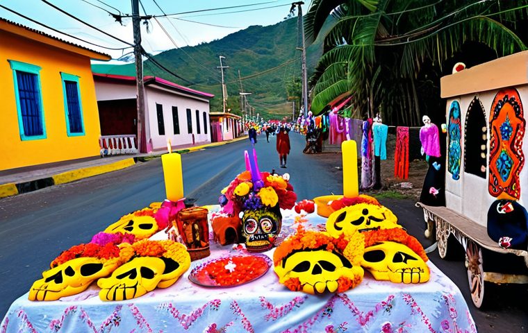 ** A vibrant street scene during the "Dia de los Muertos" (Day of the Dead) in a small village near Santa Ana, El Salvador. Show colorful graves decorated with flowers, candles, and ribbons. Families are having picnics, sharing food, and laughing together. Capture the atmosphere of joy and remembrance, not sadness.

**