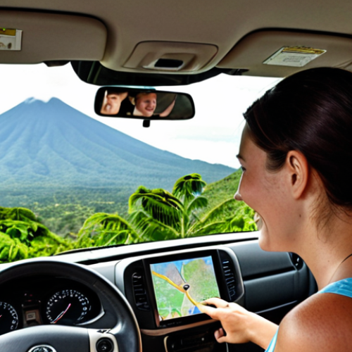 Home 14 **A smiling tourist couple consults a GPS device inside a rented SUV, parked near a scenic overlook with a distant volcano view in El Salvador. They are surrounded by lush greenery. The GPS displays a map.**
