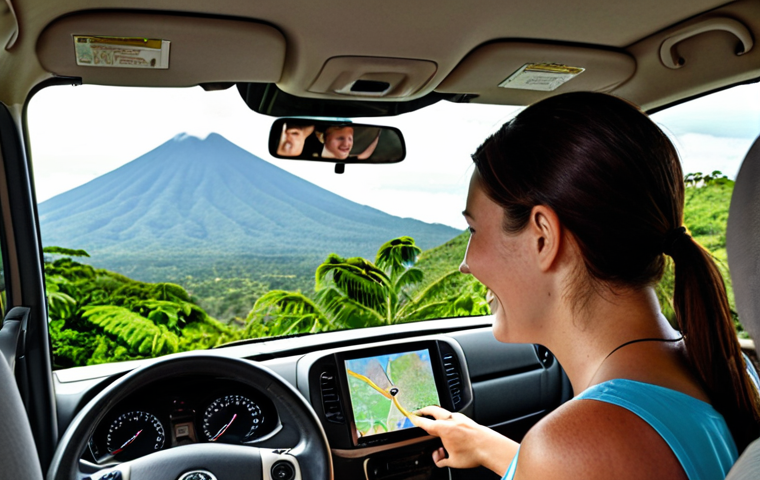 **A smiling tourist couple consults a GPS device inside a rented SUV, parked near a scenic overlook with a distant volcano view in El Salvador. They are surrounded by lush greenery. The GPS displays a map.**