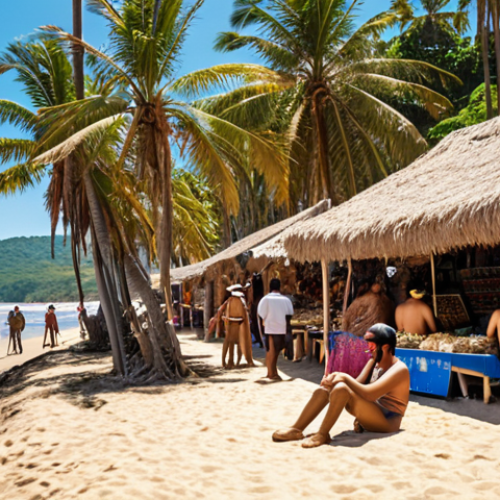 Home 7 **Prompt 1: Bitcoin Beach & Community**
"A vibrant, sunny scene at El Salvador's 'Bitcoin Beach,' where locals and international visitors are joyfully interacting and making payments using their Chivo digital wallets. The image captures the unique blend of a traditional coastal community with modern cryptocurrency adoption, featuring a lively market stall, people relaxing near the ocean, and subtle Bitcoin symbols seamlessly integrated into the environment. Palm trees, golden sand, and clear blue skies emphasize the optimistic and innovative atmosphere."